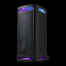 Enceinte de fête Sony ULT Tower 9 SRS-ULT900 148W Bluetooth 5.3, vue en angle: grille avant noire et éclairage LED violet