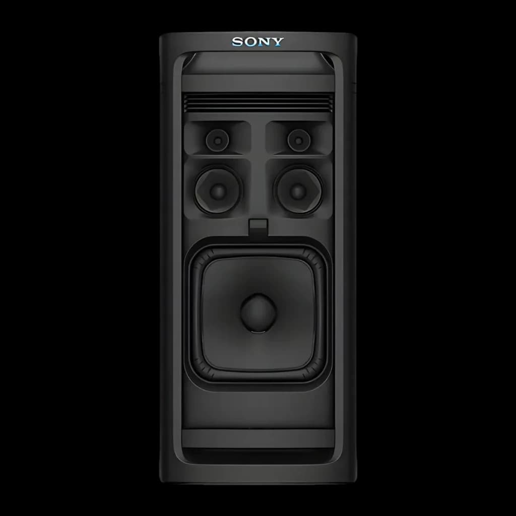 Enceinte de fête Sony ULT Tower 9 SRS-ULT900 148W Bluetooth 5.3, vue avant: quatre médiums et woofer carré noir