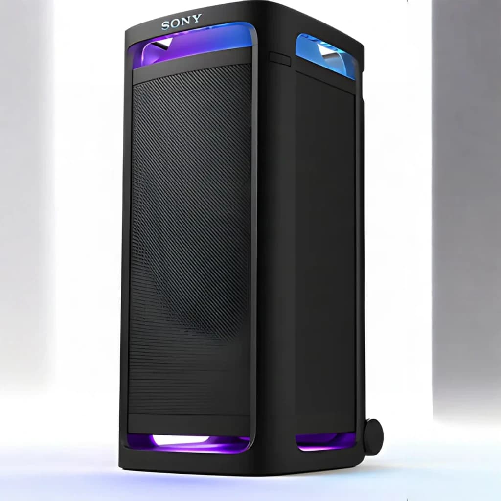 Enceinte de fête Sony ULT Tower 9 SRS-ULT900 148W Bluetooth 5.3, en utilisation: vue en angle avec éclairages LED violets