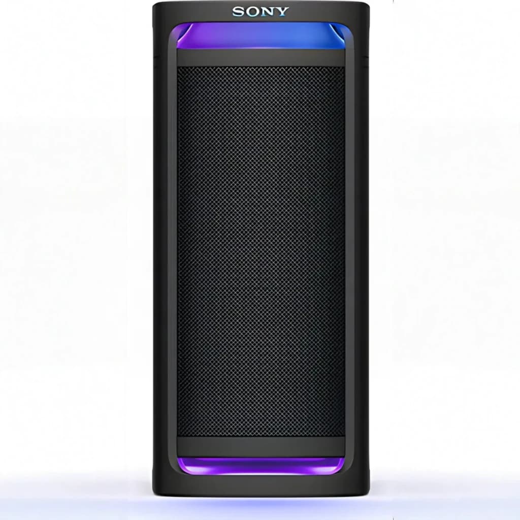 Enceinte de fête Sony ULT Tower 9 SRS-ULT900 148W Bluetooth 5.3, en utilisation: vue de face avec grille noire et éclairage