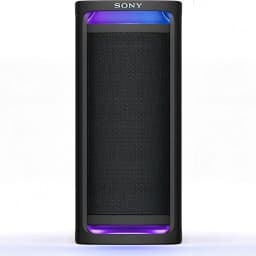 Enceinte de fête Sony ULT Tower 9 SRS-ULT900 148W Bluetooth 5.3, en utilisation: vue de face avec grille noire et éclairage
