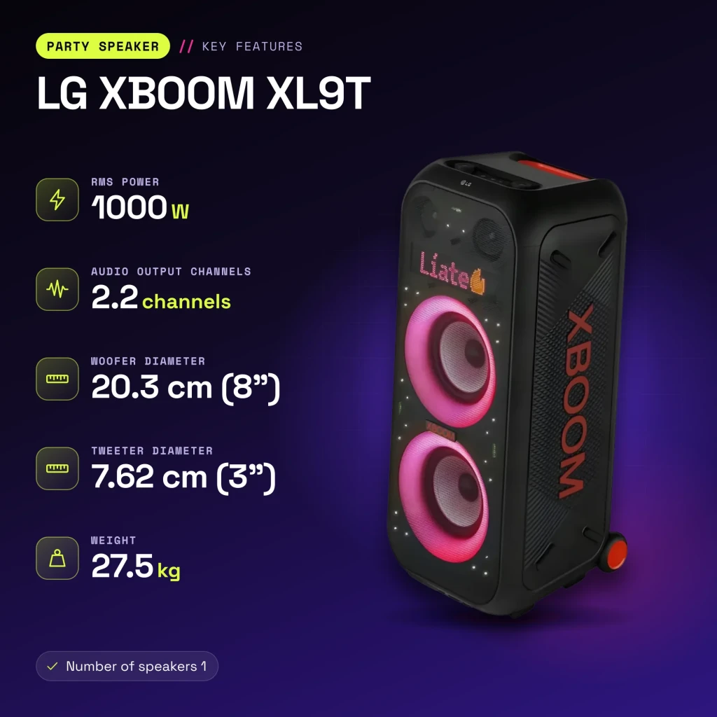 Enceinte de fête LG XBOOM XL9T IPX4 1000W Bluetooth 5.1 - caractéristiques
