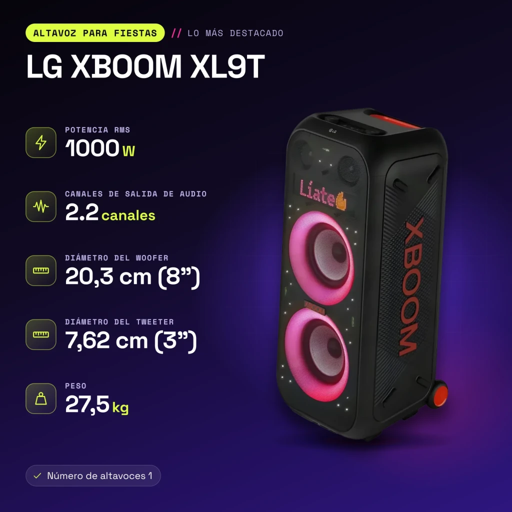 Enceinte de fête LG XBOOM XL9T IPX4 1000W Bluetooth 5.1 - caractéristiques
