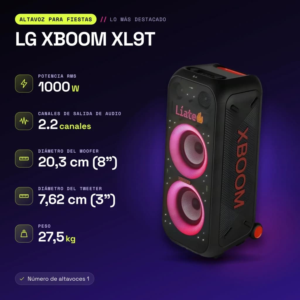 Enceinte de fête LG XBOOM XL9T IPX4 1000W Bluetooth 5.1 - caractéristiques