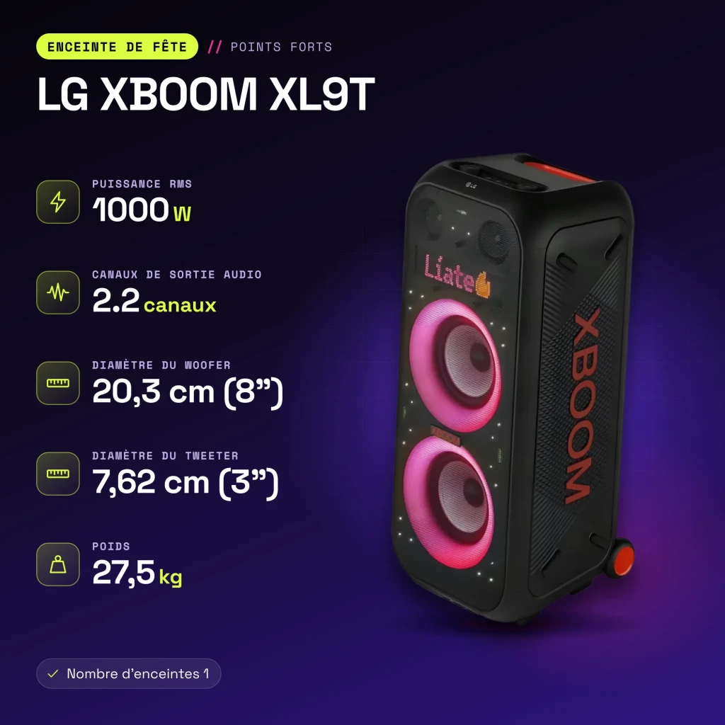 Enceinte de fête LG XBOOM XL9T IPX4 1000W Bluetooth 5.1 - caractéristiques