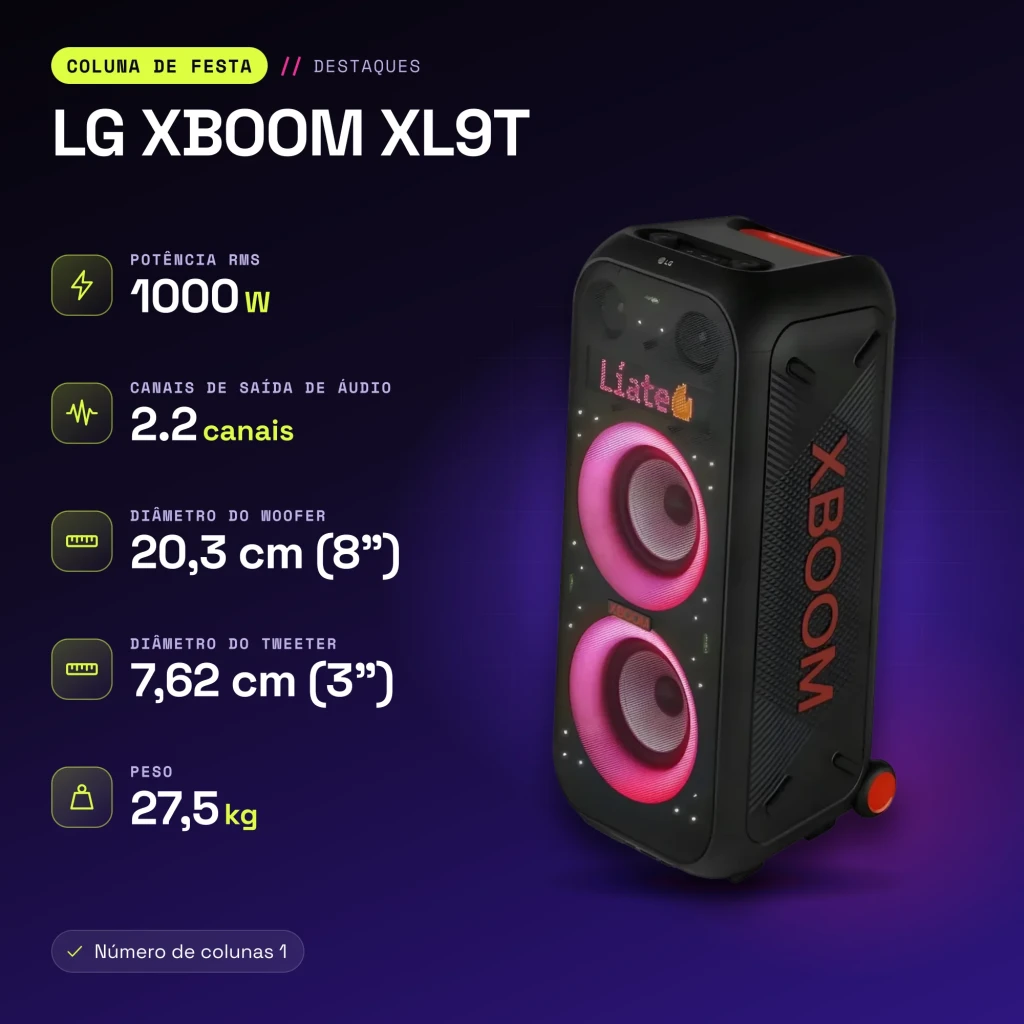Enceinte de fête LG XBOOM XL9T IPX4 1000W Bluetooth 5.1 - caractéristiques