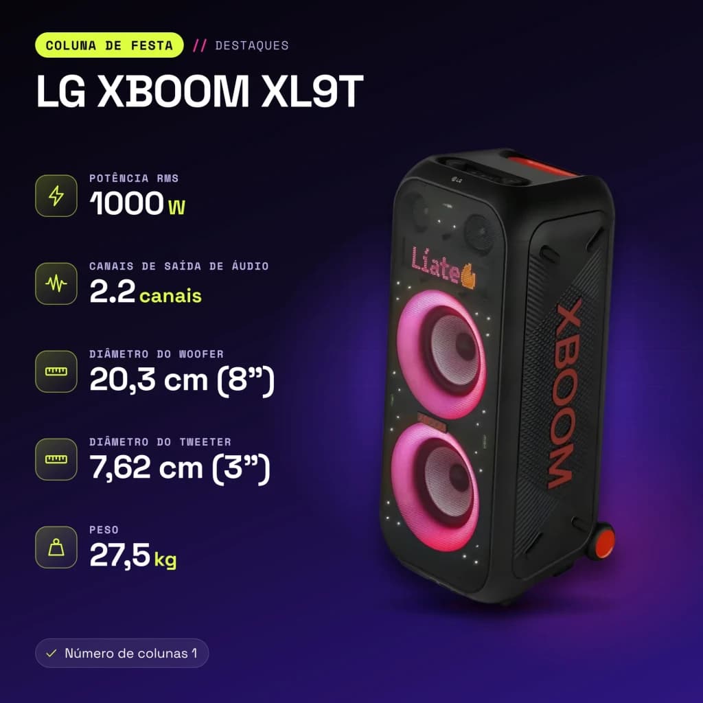 Enceinte de fête LG XBOOM XL9T IPX4 1000W Bluetooth 5.1 - caractéristiques