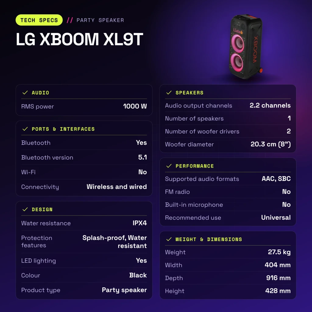 Enceinte de fête LG XBOOM XL9T IPX4 1000W Bluetooth 5.1 - caractéristiques