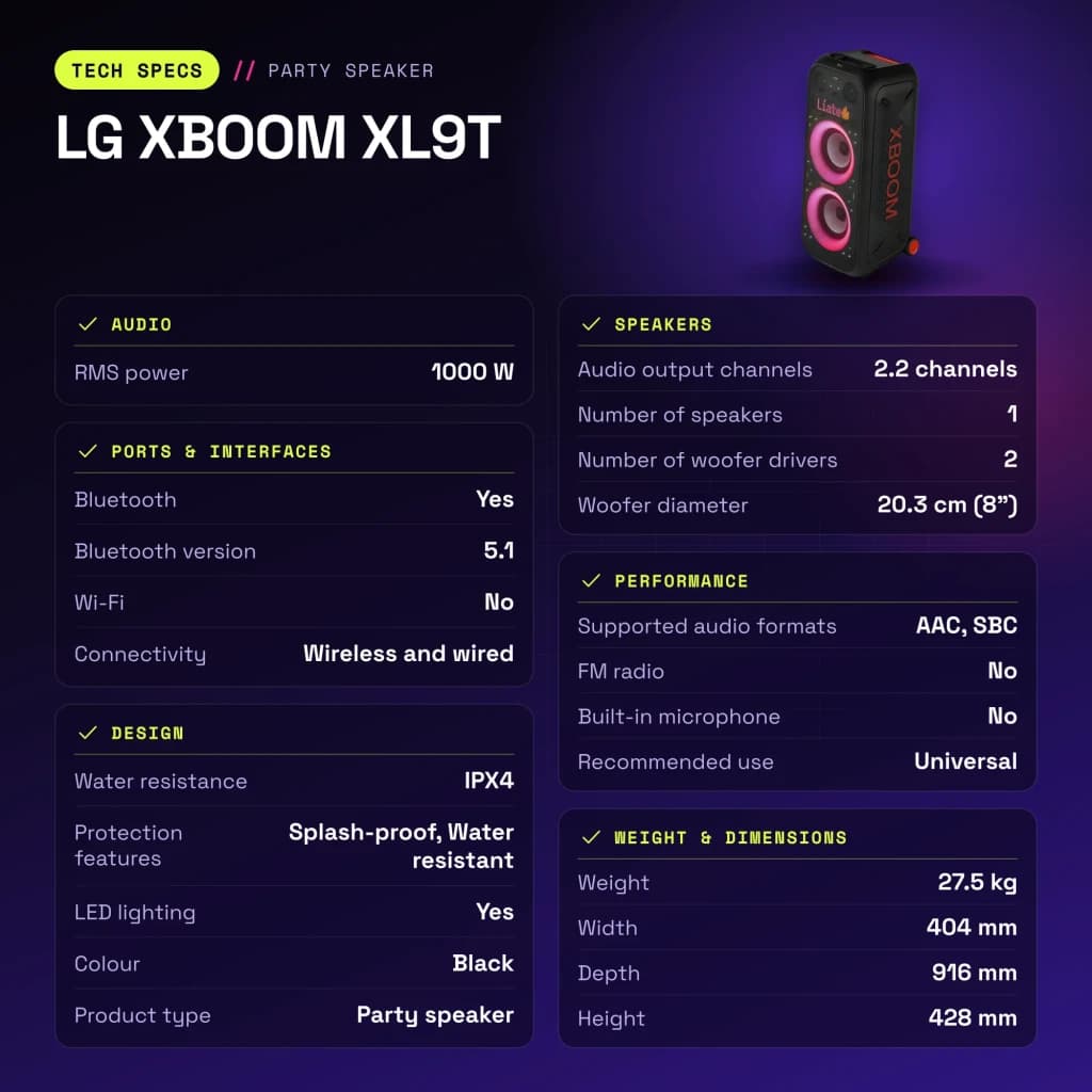 Enceinte de fête LG XBOOM XL9T IPX4 1000W Bluetooth 5.1 - caractéristiques