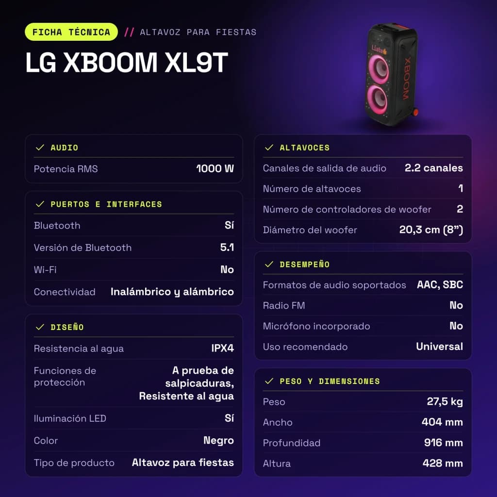 Enceinte de fête LG XBOOM XL9T IPX4 1000W Bluetooth 5.1 - caractéristiques