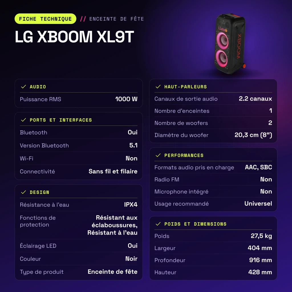 Enceinte de fête LG XBOOM XL9T IPX4 1000W Bluetooth 5.1 - caractéristiques