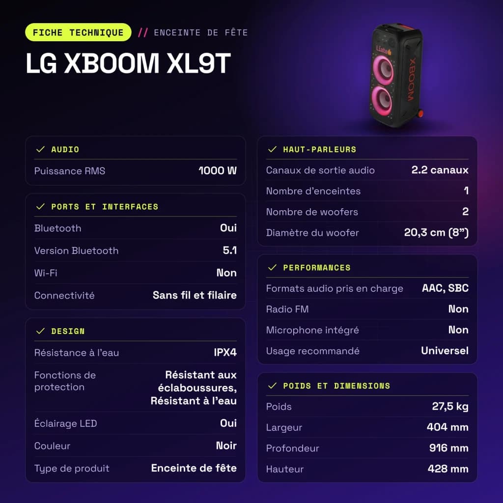 Enceinte de fête LG XBOOM XL9T IPX4 1000W Bluetooth 5.1 - caractéristiques