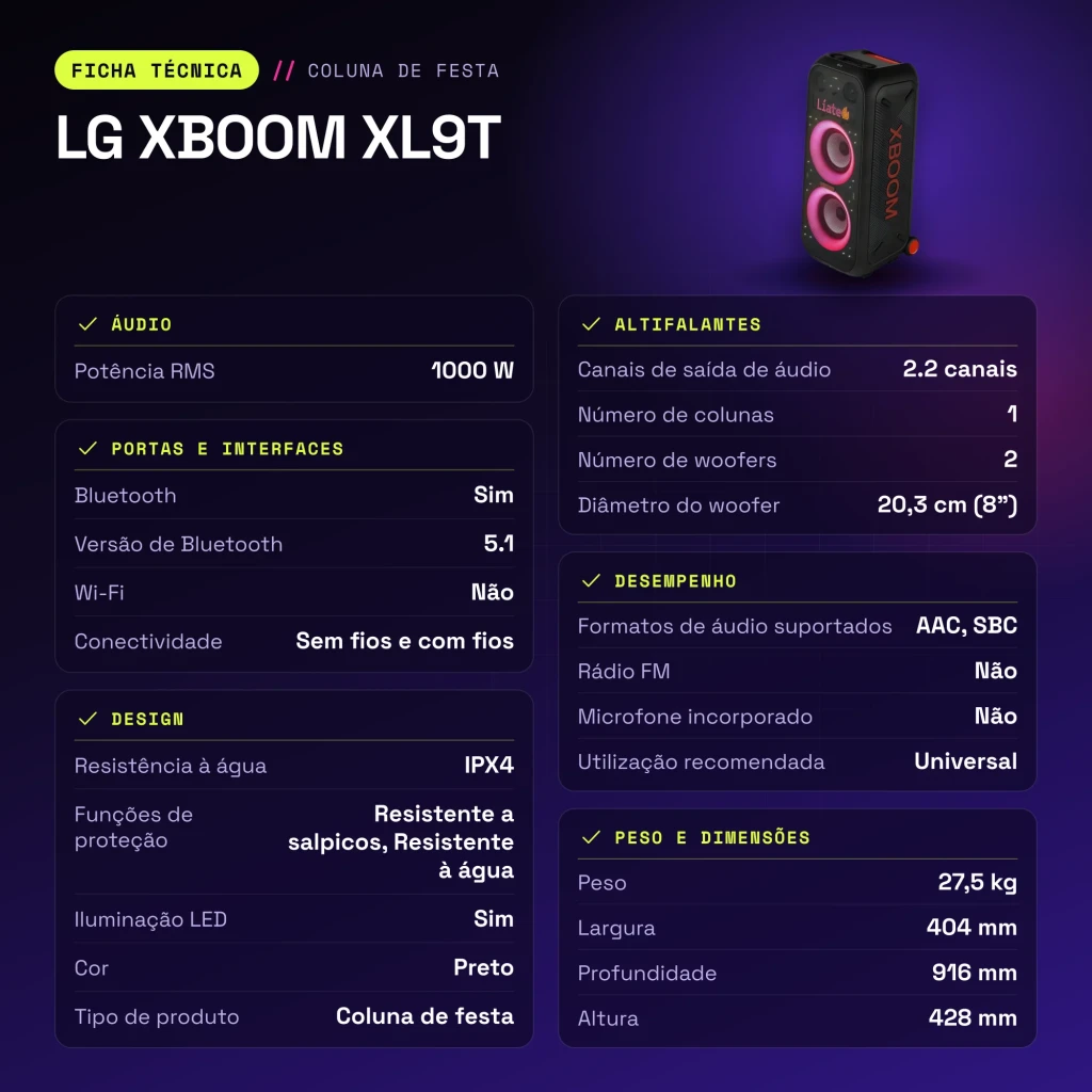 Enceinte de fête LG XBOOM XL9T IPX4 1000W Bluetooth 5.1 - caractéristiques