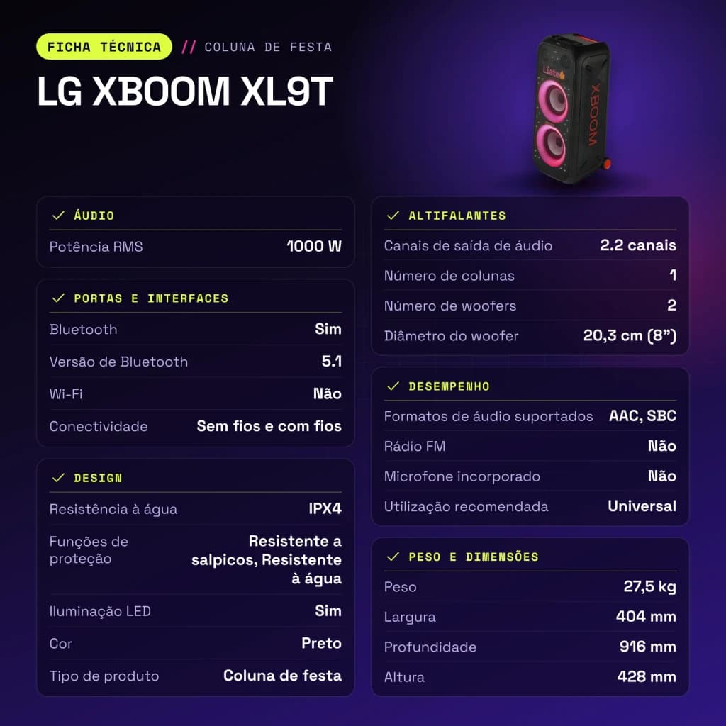 Enceinte de fête LG XBOOM XL9T IPX4 1000W Bluetooth 5.1 - caractéristiques