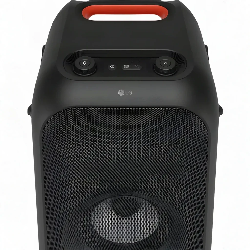 Enceinte de fête LG XBOOM XL9T IPX4 1000W Bluetooth 5.1, en utilisation: panneau de commandes, poignée rouge et grille