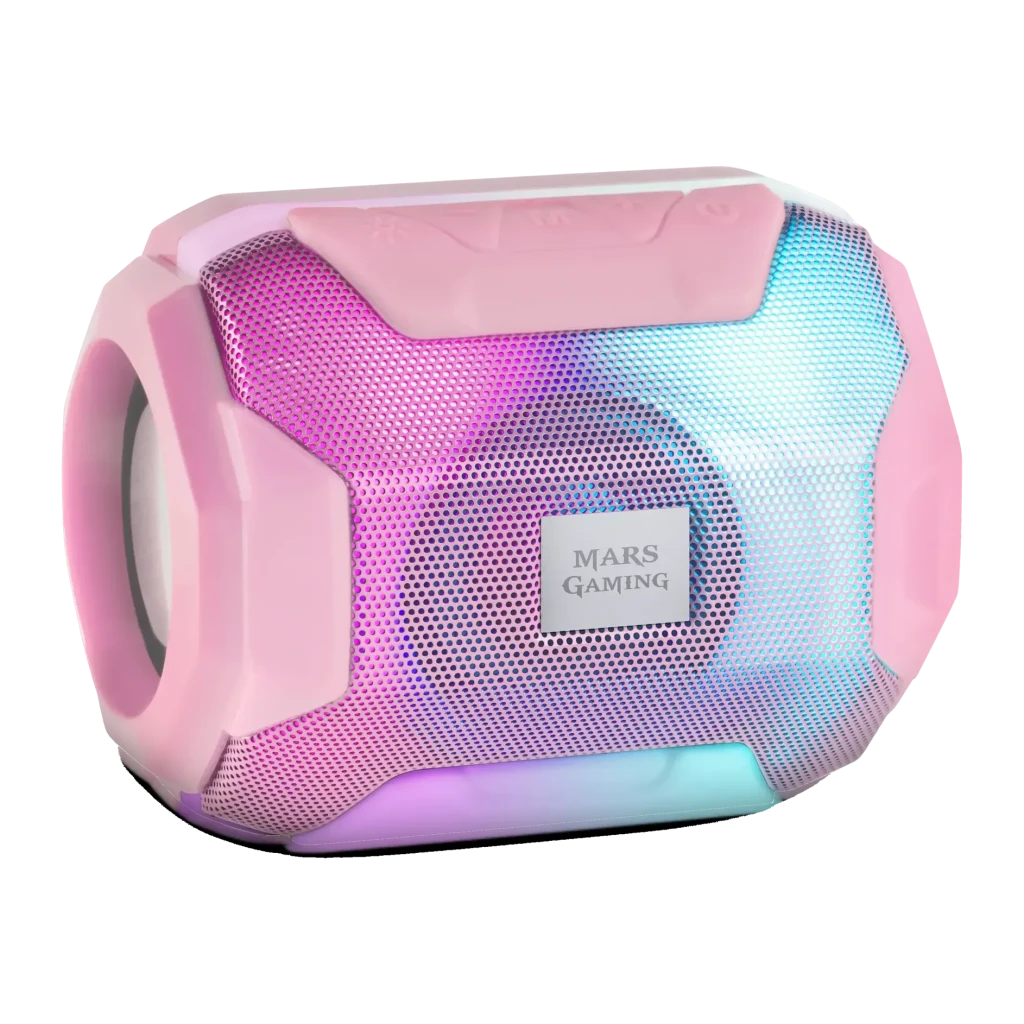 Coluna Mars Gaming MSBAXP 10W 8h Bluetooth 5.0, vista frontal: corpo rosa com grelha e iluminação RGB multicolor