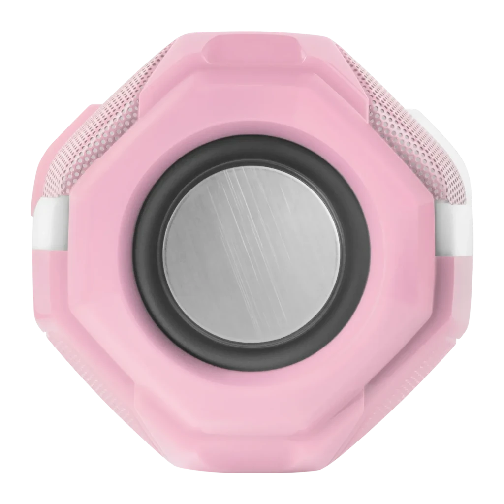 Coluna Mars Gaming MSBAXP 10W 8h Bluetooth 5.0, vista frontal: membrana central metálica e carcaça octogonal rosa
