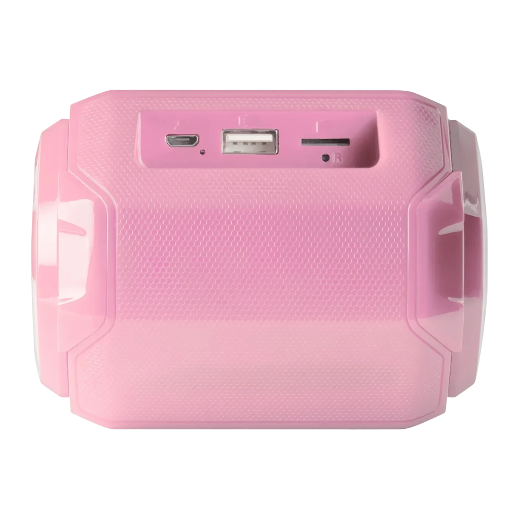 Coluna Mars Gaming MSBAXP 10W 8h Bluetooth 5.0, vista superior: portas micro USB, USB-A e leitor de cartão SD em rosa