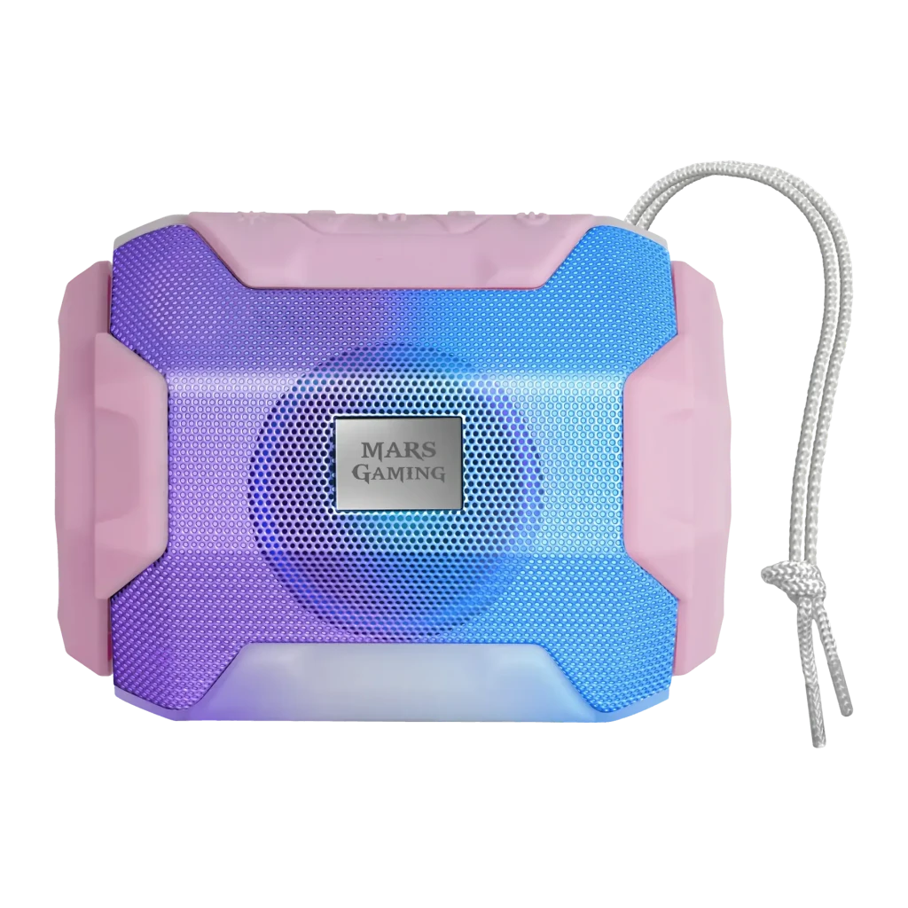 Coluna Mars Gaming MSBAXP 10W 8h Bluetooth 5.0, vista frontal: grelha com iluminação RGB violeta-azul, moldura rosa e cordão
