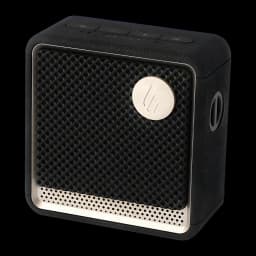 Altavoz Edifier ES20 IP67 6W 15h Bluetooth 5.4 negro, vista frontal en ángulo: rejilla textil, logo dorado y botones