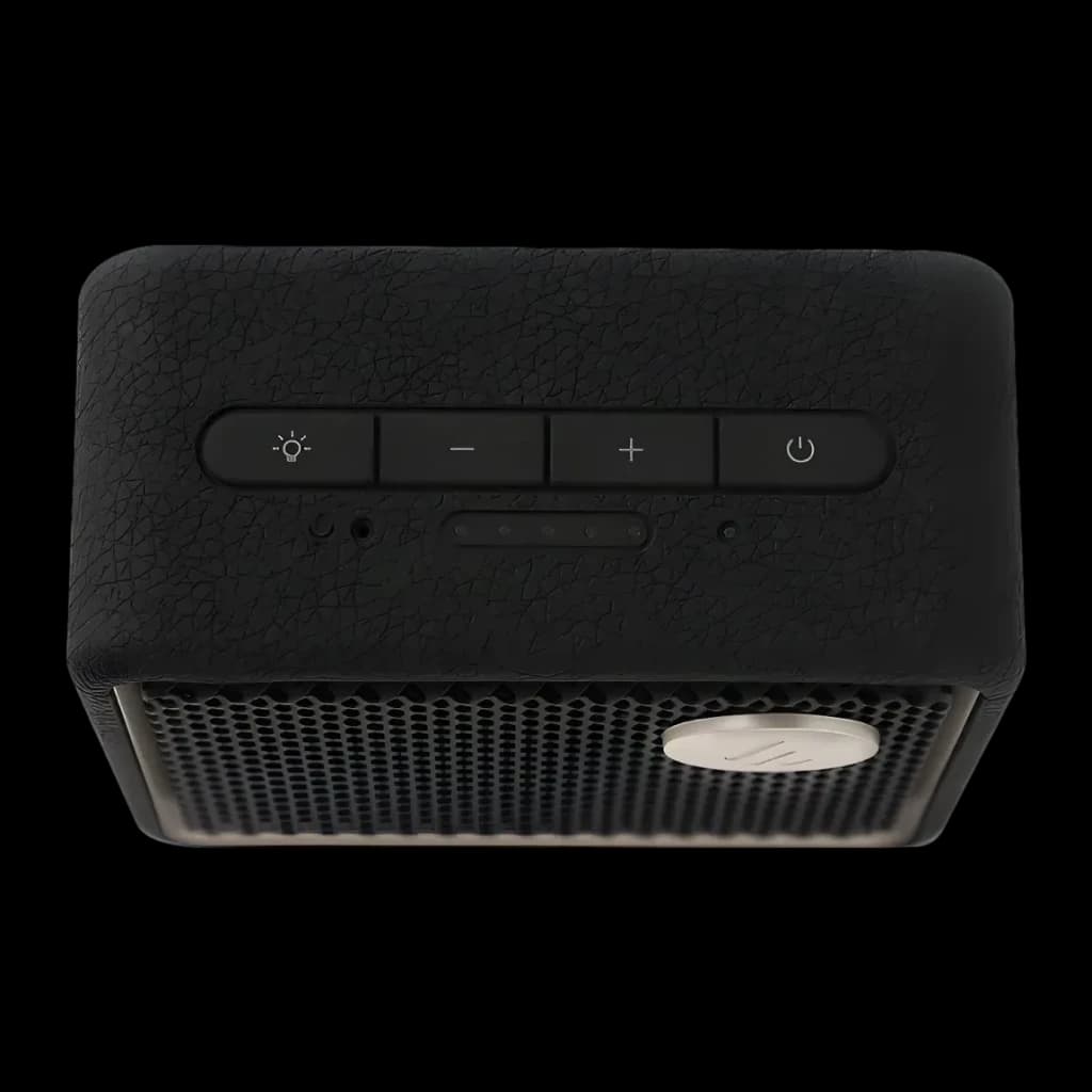 Altavoz Edifier ES20 IP67 6W 15h Bluetooth 5.4 negro, vista superior: botones luz, volumen y encendido sobre cubierta