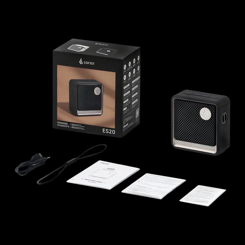 Altavoz Edifier ES20 IP67 6W 15h Bluetooth 5.4, contenido de caja: altavoz negro, caja, cable USB y manuales