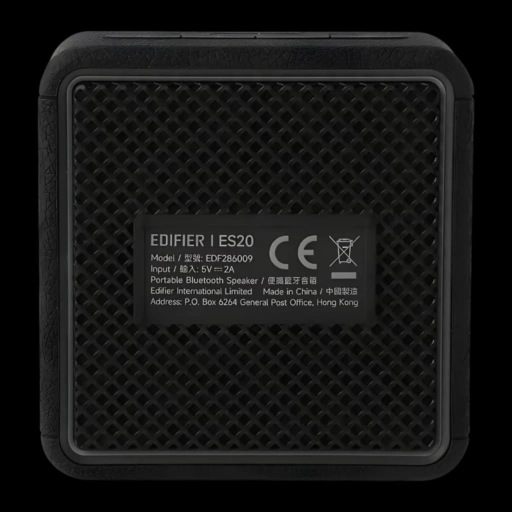 Altavoz Edifier ES20 IP67 6W 15h Bluetooth 5.4, vista trasera: rejilla negra y etiqueta con modelo y certificaciones