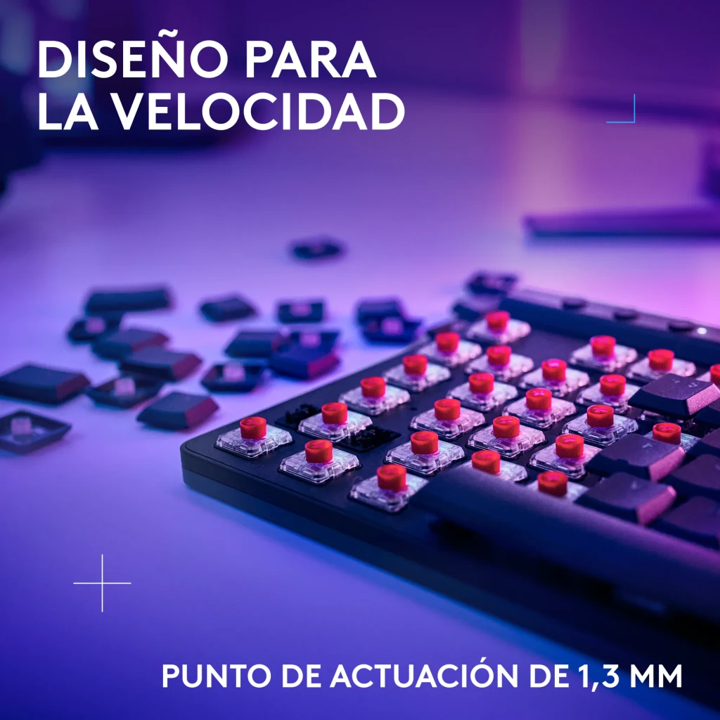 Teclado Gaming Logitech G515 Lightspeed TKL Sem Fios GL Tactile Switch RGB Preto, detalhe: switches vermelhos expostos