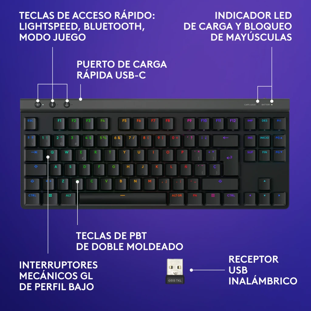 Teclado Gaming Logitech G515 Lightspeed TKL Sem Fios GL Tactile Switch RGB Preto, vista superior infográfico: teclas PBT