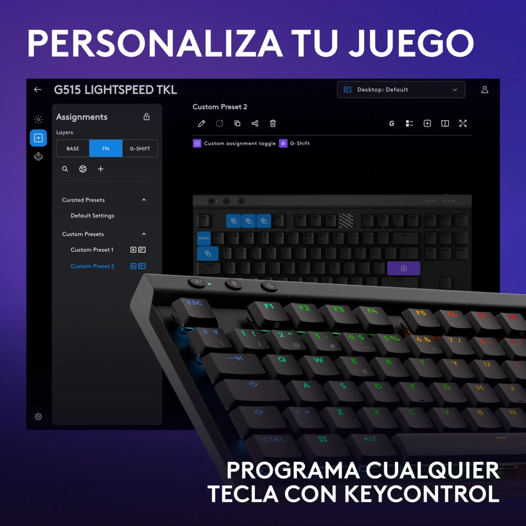 Teclado Gaming Logitech G515 Lightspeed TKL Sem Fios GL Tactile Switch RGB Preto, vista lifestyle: teclado em ângulo frontal