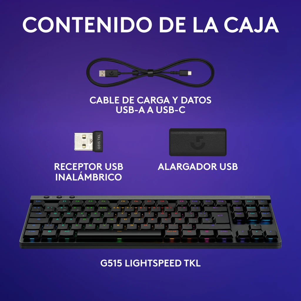 Teclado Gaming Logitech G515 Lightspeed TKL Sem Fios GL Tactile Switch RGB Preto, conteúdo da caixa: teclado, cabo USB-A
