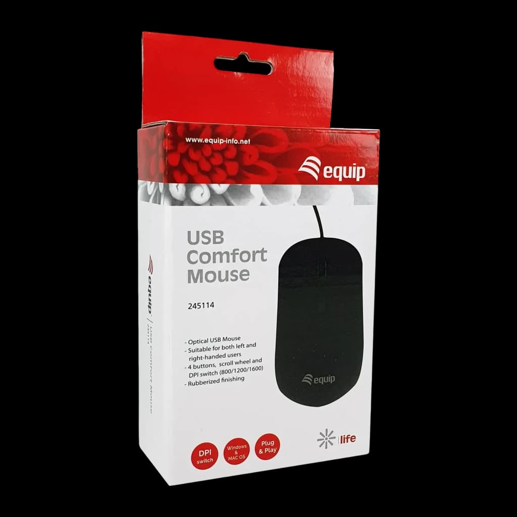 Ratón Equip Negro Cable USB 245114, caja frontal: packaging con ratón visible y especificaciones DPI