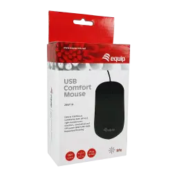 Ratón Equip Negro Cable USB 245114, caja frontal: packaging con ratón visible y especificaciones DPI