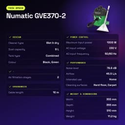 Aspirateur cylindrique Numatic GVE370-2 Vert 1000W Sec et humide - caractéristiques