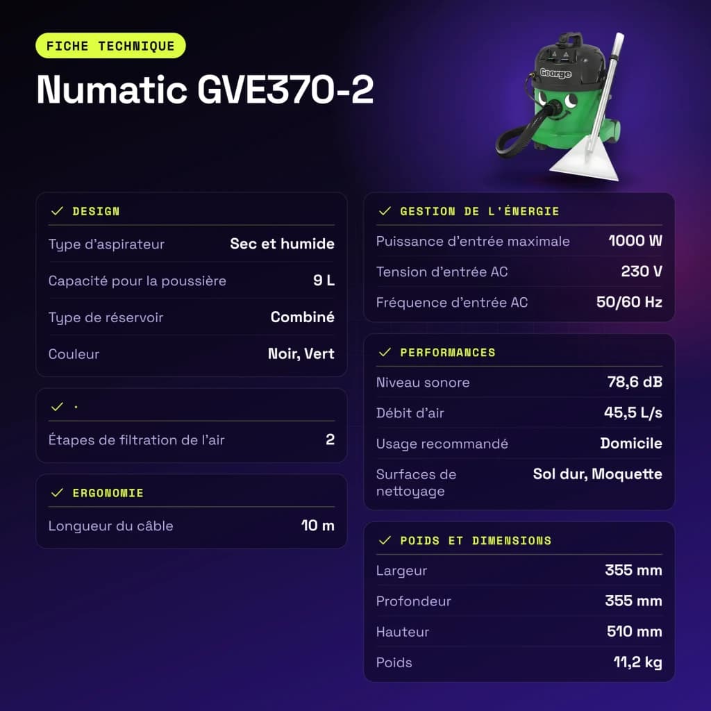 Aspirateur cylindrique Numatic GVE370-2 Vert 1000W Sec et humide - caractéristiques