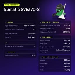 Aspirateur cylindrique Numatic GVE370-2 Vert 1000W Sec et humide - caractéristiques