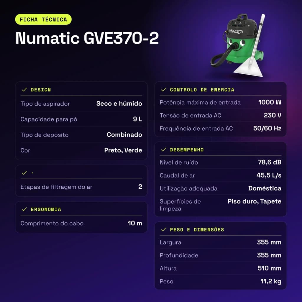 Aspirateur cylindrique Numatic GVE370-2 Vert 1000W Sec et humide - caractéristiques