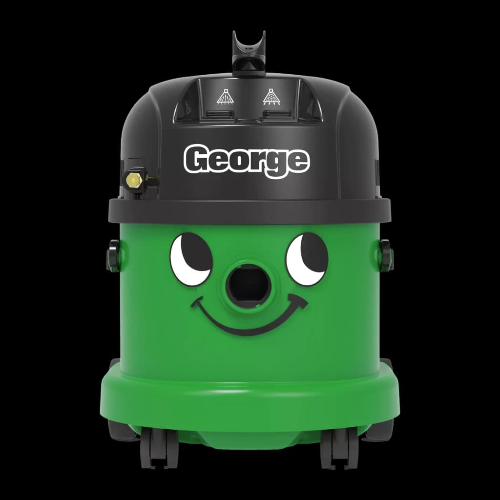 Aspirateur cylindrique Numatic GVE370-2 Vert 1000W Sec et humide, vue de face: corps vert avec visage souriant et capot noir