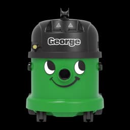 Aspirateur cylindrique Numatic GVE370-2 Vert 1000W Sec et humide, vue de face: corps vert avec visage souriant et capot noir