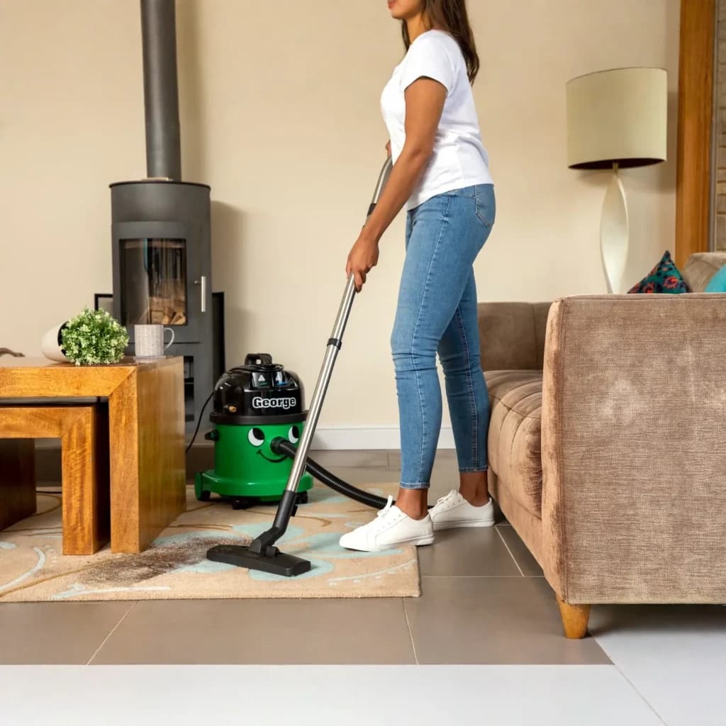Aspirateur cylindrique Numatic GVE370-2 Vert 1000W Sec et humide, en usage: femme aspire tapis dans salon avec cheminée