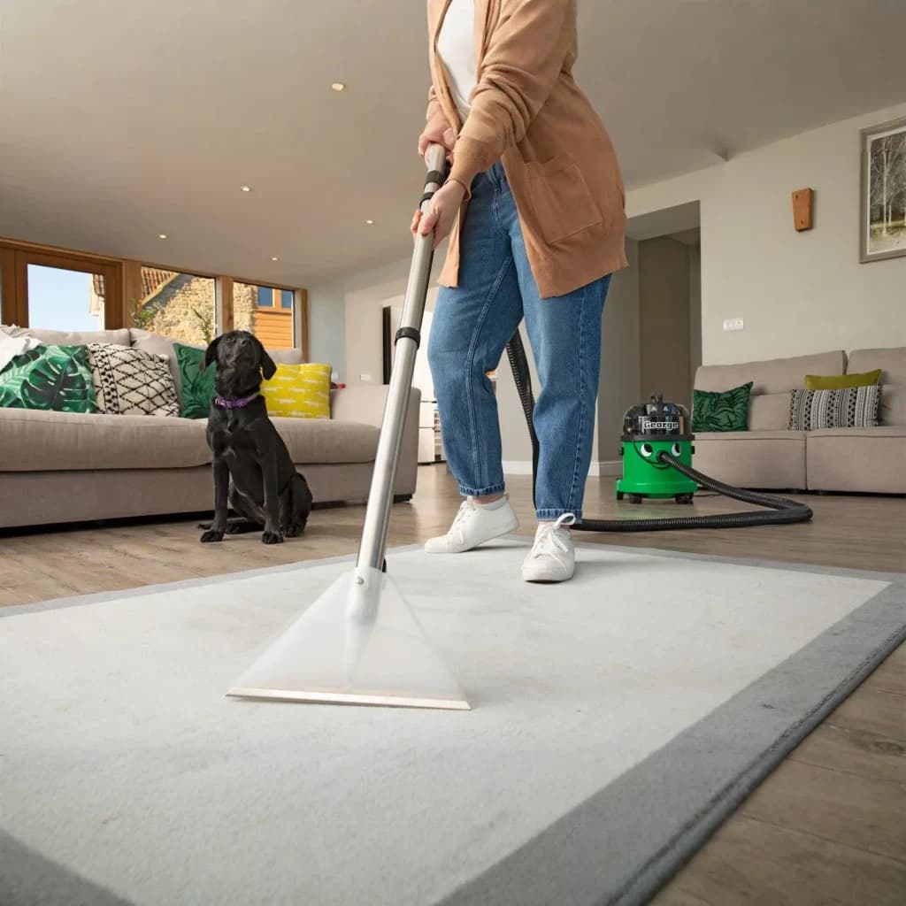 Aspirateur cylindrique Numatic GVE370-2 Vert 1000W Sec et humide, en action: nettoyage d'un tapis en salon avec un chien noir