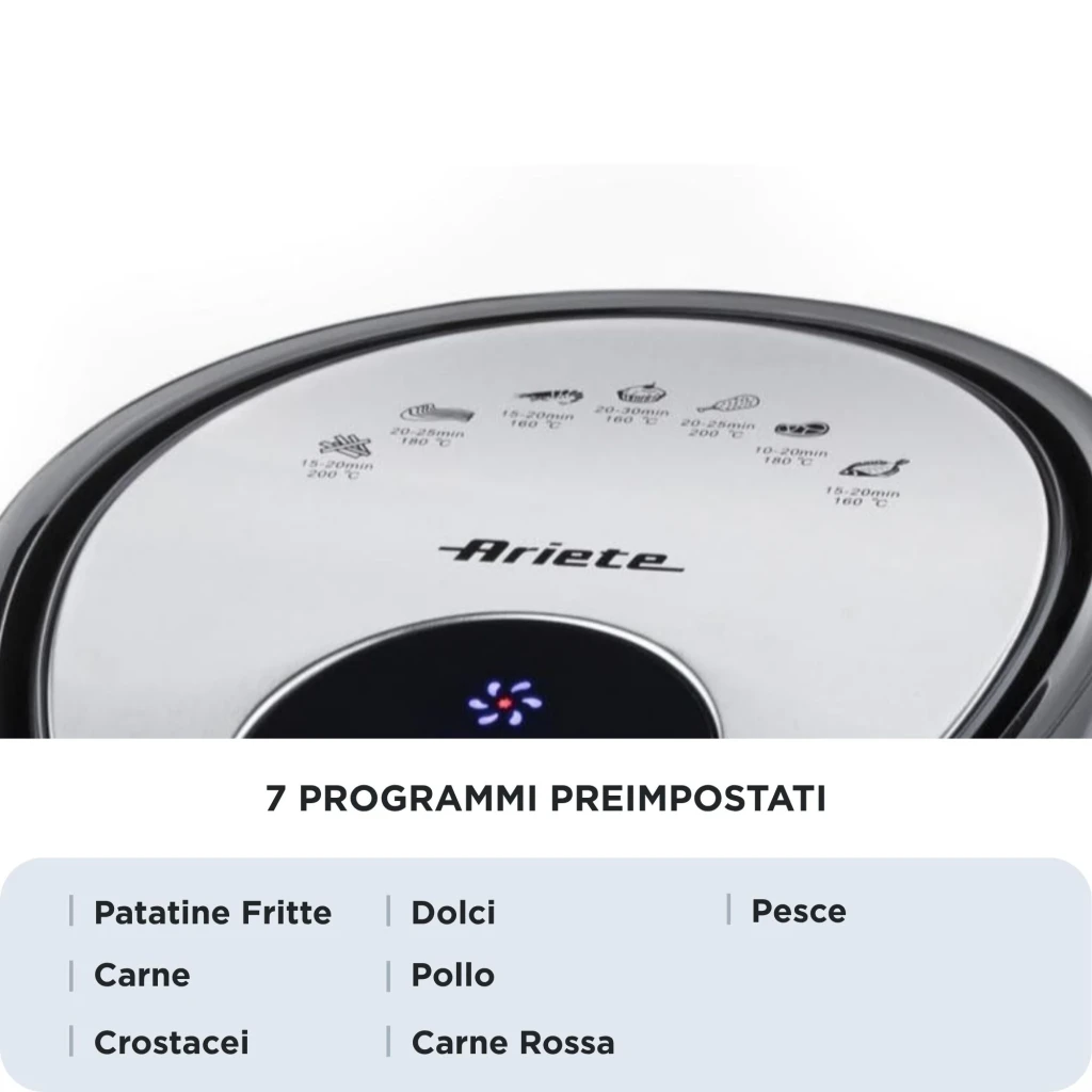 Fritadeira de Ar Ariete Airy Fryer XXL 5,5L 1800W Com Programas Preto, detalhe superior: painel com 7 programas predefinidos