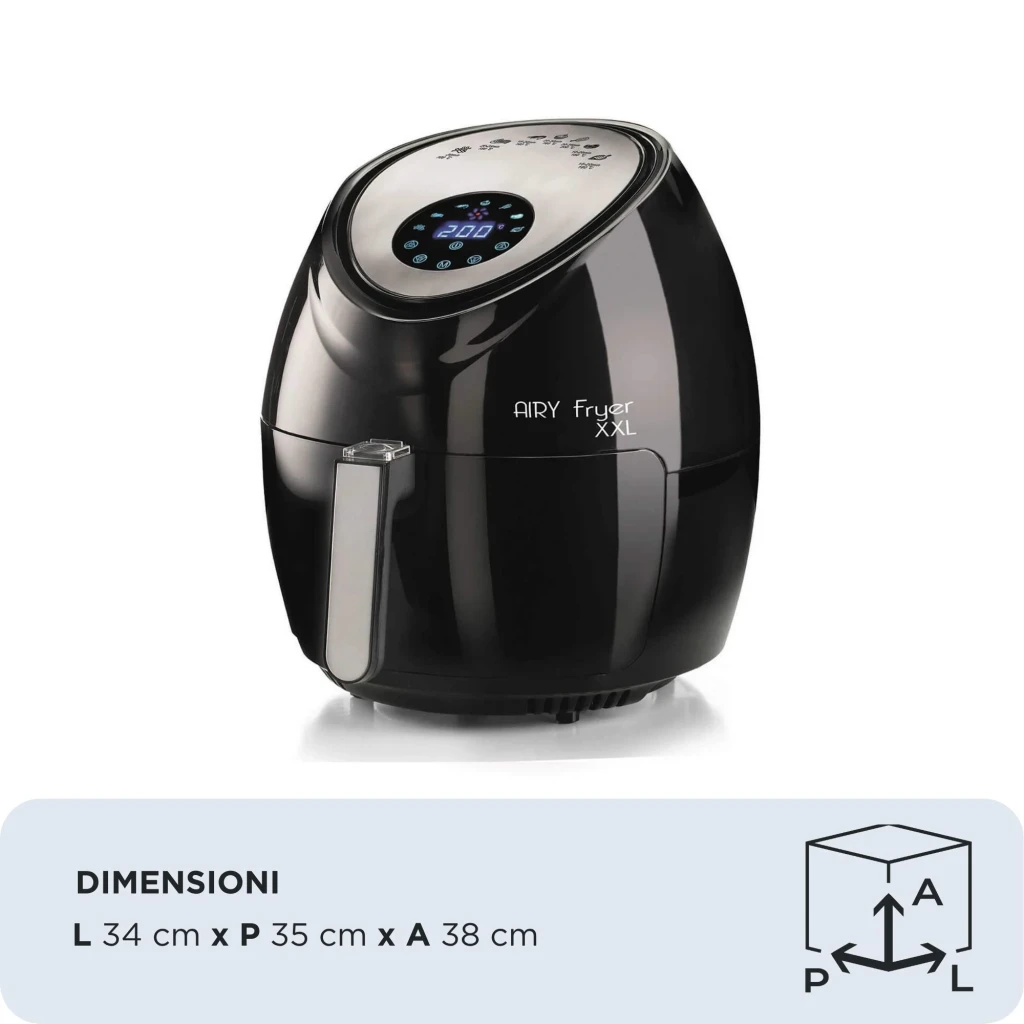 Fritadeira de Ar Ariete Airy Fryer XXL 5,5L 1800W Com Programas Preto, vista lateral: ecrã digital azul, puxador da gaveta