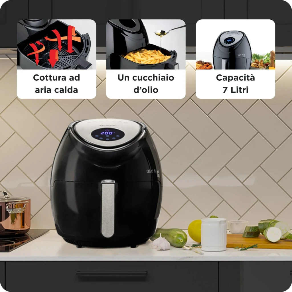 Fritadeira de Ar Ariete Airy Fryer XXL 5,5L 1800W Com Programas Preto, lifestyle: fritadeira em bancada de cozinha com 3