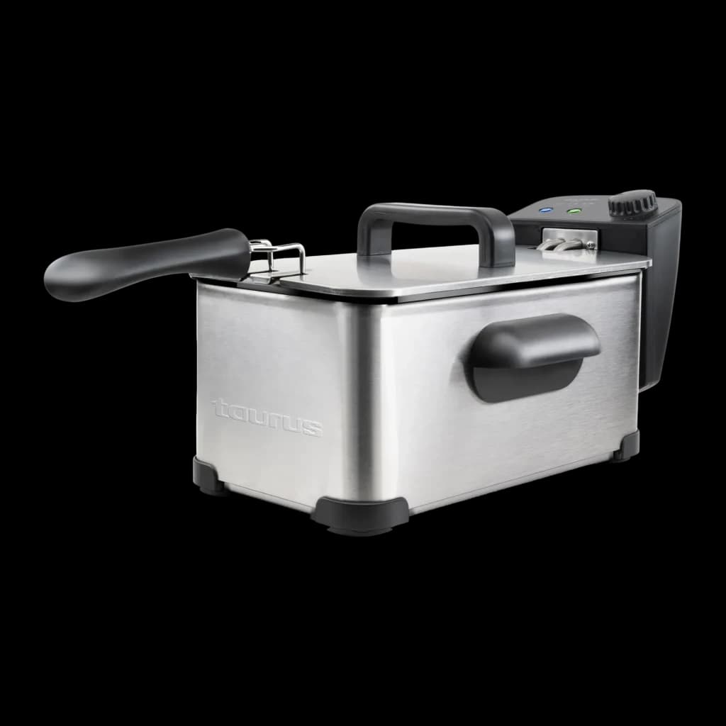 Fritadeira Taurus DF2030 3L 2000W Aço Inoxidável, vista em ângulo: corpo escovado, pega do cesto e painel de controlo