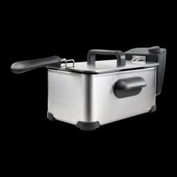 Fritadeira Taurus DF2030 3L 2000W Aço Inoxidável, vista em ângulo: corpo escovado, pega do cesto e painel de controlo