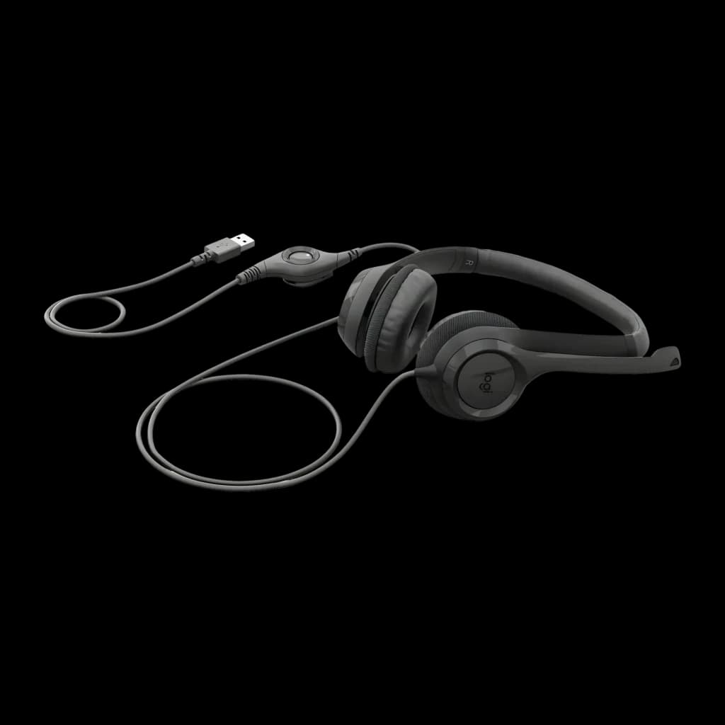 Auriculares com microfone Logitech H390 Diadema USB-A, vista lateral: arco, almofadas, microfone flexível e cabo