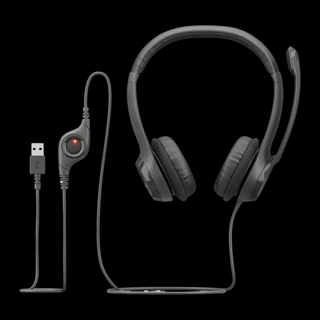 Auriculares com microfone Logitech H390 Diadema USB-A, vista lateral: arco preto, microfone dobrável, almofadas e controlo