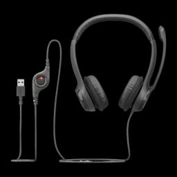 Auriculares com microfone Logitech H390 Diadema USB-A, vista lateral: arco preto, microfone dobrável, almofadas e controlo