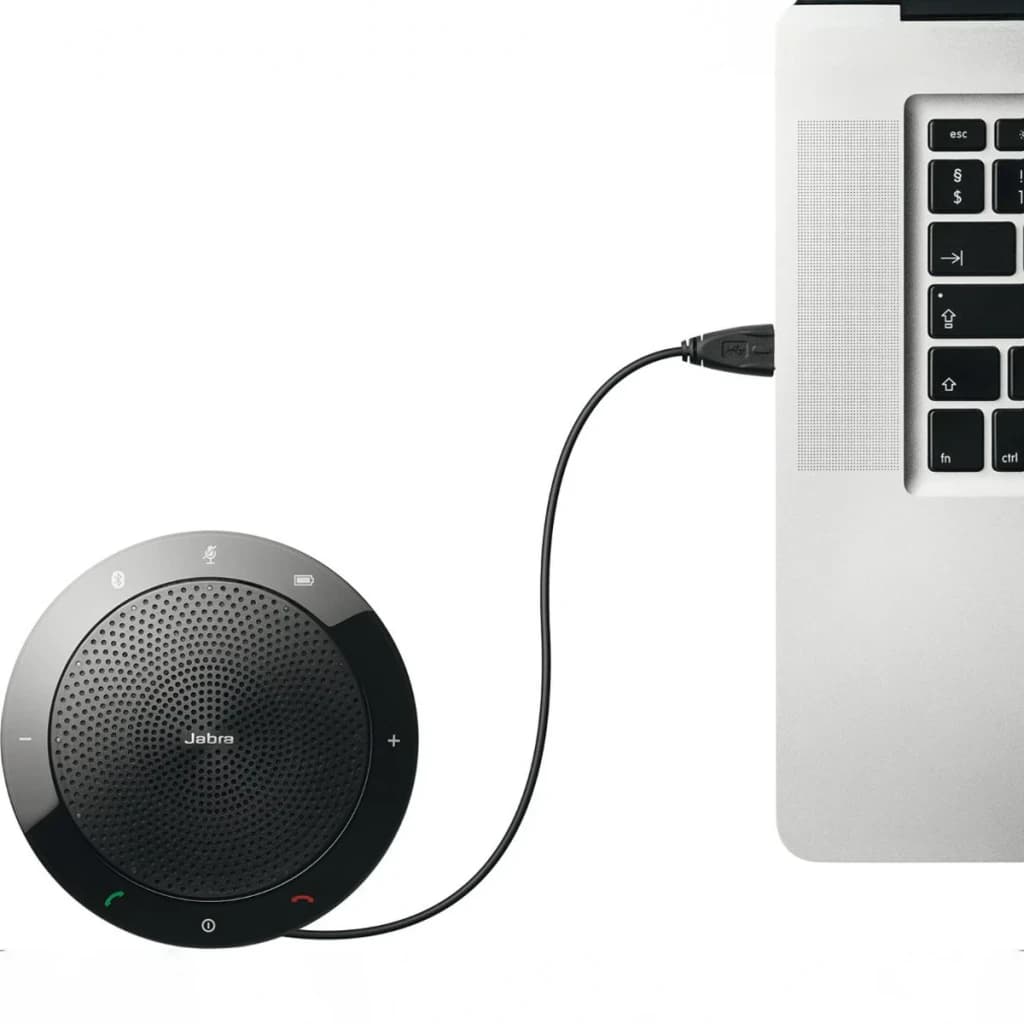 Altavoz de conferencia Jabra Speak 510 10W 15h USB/Bluetooth, en uso: conectado por cable USB a un portátil, vista superior